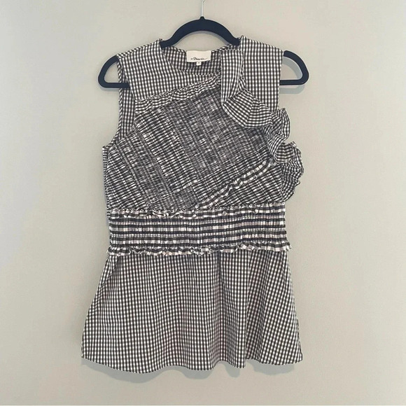3.1 Phillip Lim Smocked Gingham Top Black/White 2 - Picture 4 of 15